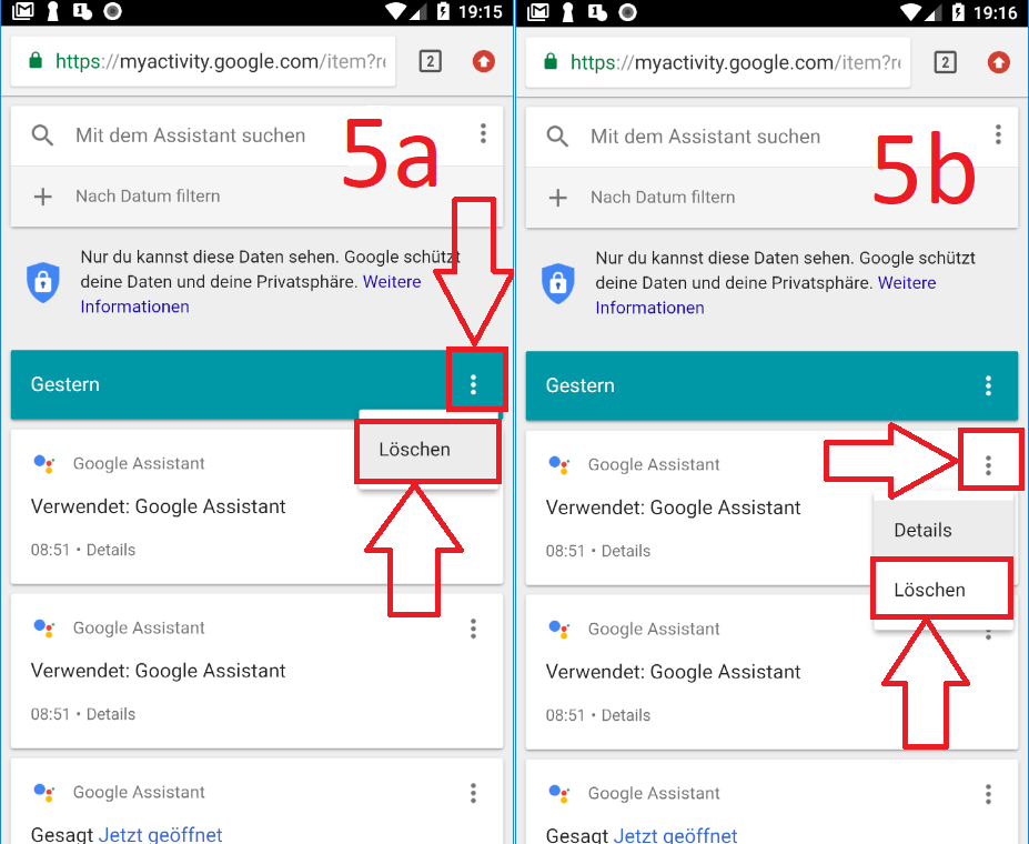 Android 8 (Oreo): Aktivitäten-Verlauf in Google Assistant löschen (Schritt 5a und 5b)