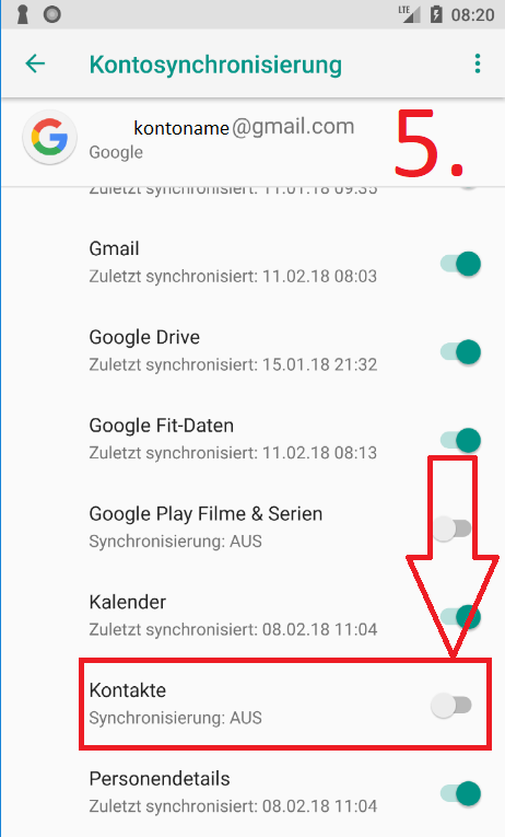 Kontakte mit Gmail-Konto synchronisieren (Schritt 5a)