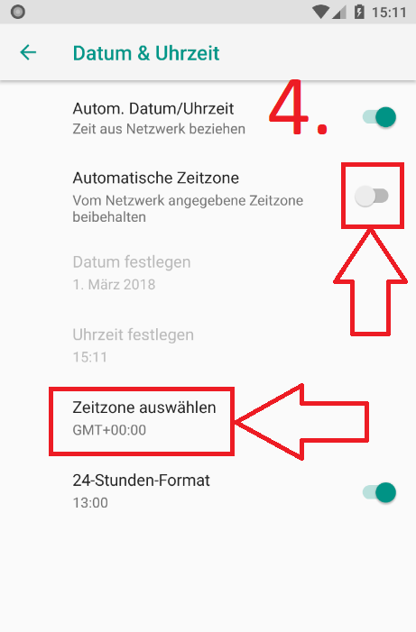 Android 8 (Oreo): Zeitzone ändern (Schritt 4)