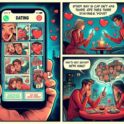 Ein Comicbild zum Thema "Dating Apps: Die moderne Art der Partnersuche". Es zeigt zwei Figuren, die auf ihren Smartphones wischen, um nach einem Match zu suchen. Im Hintergrund sind verschiedene Symbole und Icons, die typische Funktionen von Dating-Apps darstellen, wie Herzen, Sprechblasen und Benachrichtigungen. Die Figuren wirken fröhlich und aufgeregt, während sie ihre potenziellen Partner durch die App entdecken.